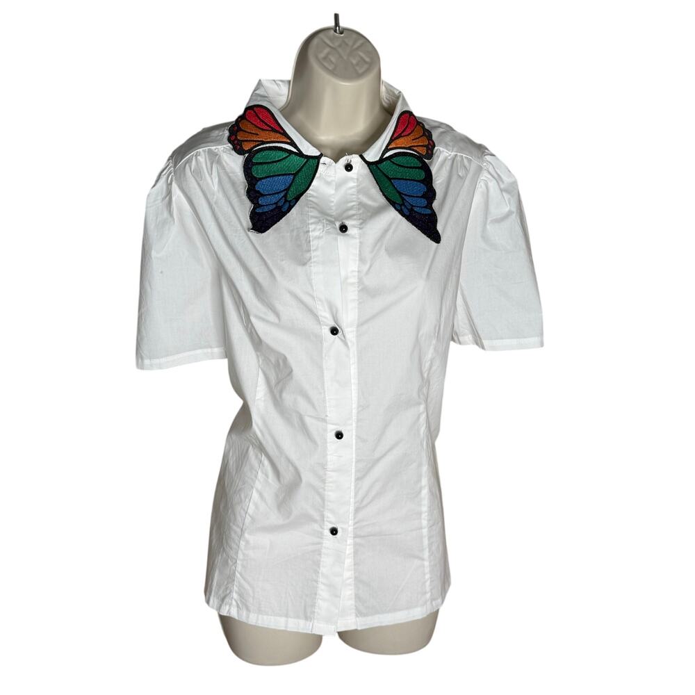 Unique Vintage White Butterfly Cotton Button Up Top Blouse Top XL 14 NWT